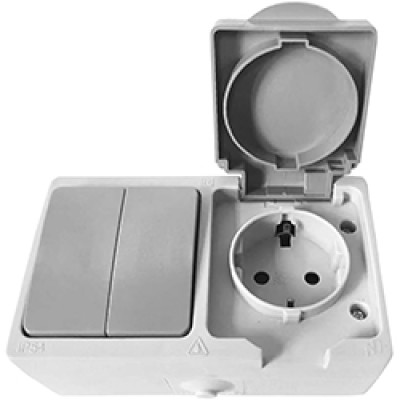 ERV222-WG блок розетка із заземленням 16А + вимикач 2-кл. 10А, сірий, IP54 Siena